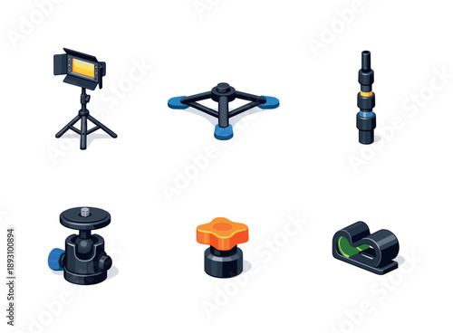 Video Equipment Icons. Video Production. Isometric flat vector icons set of Video Production: professional light stand, wide tripod base, telescoping sections,