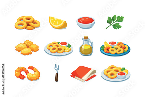 Fried Calamari Icons. Fried Calamari. Colorful flat vector icons set of Fried Calamari: golden calamari rings, lemon wedge, dipping sauce, parsley garnish,