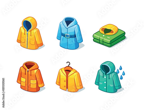 Colorful Raincoat Icons. Raincoat. Isometric flat vector icons set of Raincoat: hooded raincoat jacket, raincoat with belt, folded raincoat, raincoat with