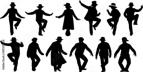 Dancing performers silhouettes with hats isolated on white background, Vector