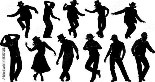 Dancing performers silhouettes with hats isolated on white background, Vector