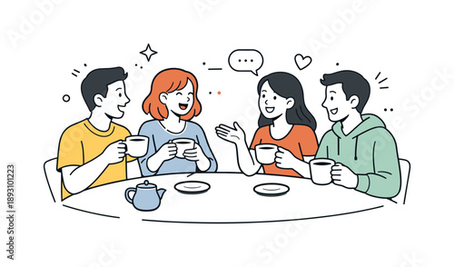 Cafe Chat Companions. Friends at cafe conversation. A small group of friends sitting at a table with coffee cups, chatting and smiling. Relaxed social moment