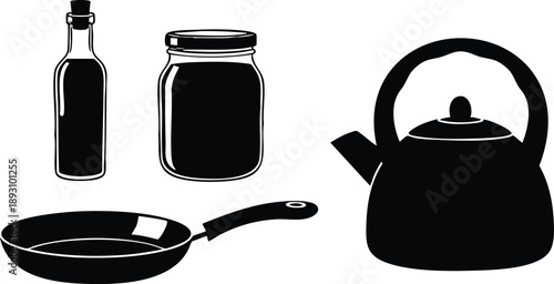 Minimalist black silhouette vector art of kitchen utensils including frying pan bottle jar and kettle isolated on white background simple cooking tools set design