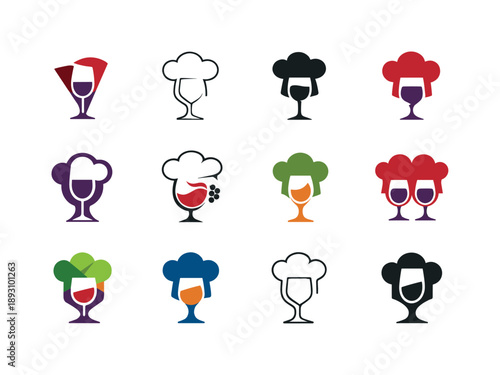 Food and Wine Logos. Food and wine festivals. Icon set. Set Logo of food and wine festivals: chef hat paired with wine glass. harmonious logo variations of the