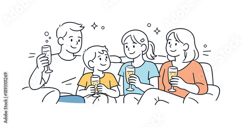 Family Toast Celebration. Family toasting with sparkling juice memory. Family relaxing after the toast with glasses in hand. Calm happiness and warm family