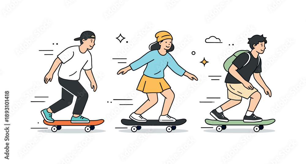 Fototapeta premium Skateboarding Freedom. Teenagers skateboarding movement. Skateboarders rolling forward with smooth motion and balance. Sense of freedom and everyday active