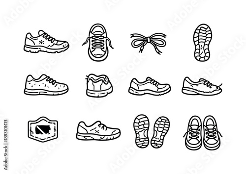 Worn Footwear Icons. Worn Footwear. Line icon set of Worn Footwear: dirty running shoe, creased sneaker top view, frayed laces, cracked rubber sole, dusty