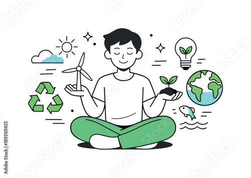 Mindful Coexistence. Human and nature balance. A character interacting calmly with environmental symbols, showing mindful coexistence and sustainable behavior.