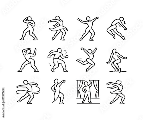 Dance Expression Icons. Dance expression. Line icon set of Dance expression: emotional pose, flowing movement, expressive arms, curved body line, dramatic