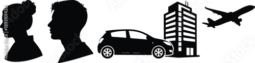 Silhouette profiles of man and woman next to black car building and flying airplane flat design vector art icons set
