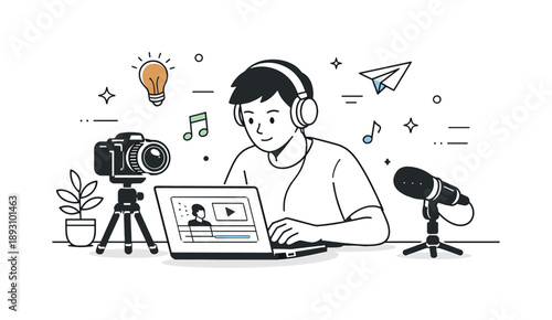 Digital Content Creation. Content creator at work. Person filming or editing video on a laptop with camera, tripod, or microphone nearby, focused expression in