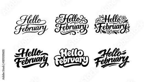 Harmonious February Lettering. Hello February. Set lettering. harmonious lettering variations of the same emblematic concept, each with different artistic