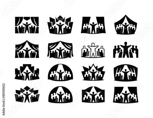 Dramatic Stage Icons. A dramatic reveal of an actor?s performance on stage, with a full cast behind them. Icon set. Set Logo of dramatic stage performance