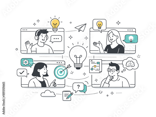 Virtual Brainstorming Session. Brainstorming session remote. Participants joining a video call with idea icons and chat bubbles on screens. Digital