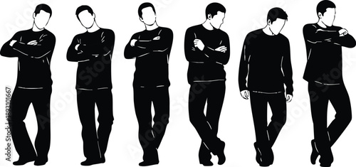 Black and white vector art of six men standing in different relaxed poses with arms crossed and one looking down in minimalist silhouette style