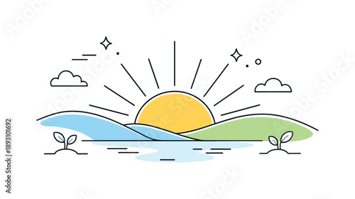 Hopeful Dawn Scene. Light returning concept. A minimal scene with rising sun and soft rays spreading across a calm landscape. Feeling of hope, renewal, and