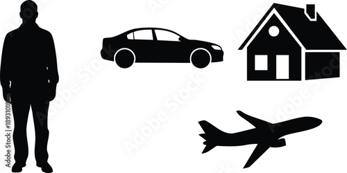 Simple vector icons of man standing side view car silhouette house shape and airplane flying conceptual design in black and white isolated background minimal style digital art