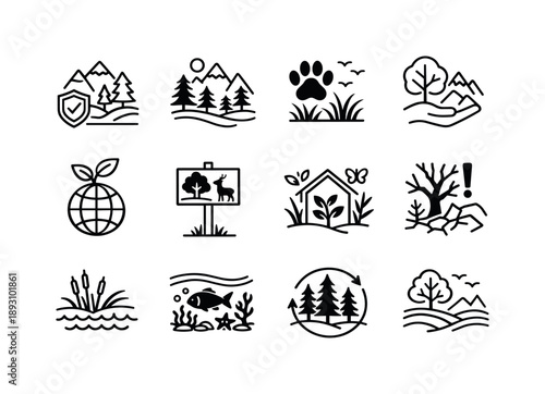 Environmental Icon Set. Environmental Habitat. Line icon set of Environmental Habitat: protected reserve, national park, wildlife sanctuary, conservation area,