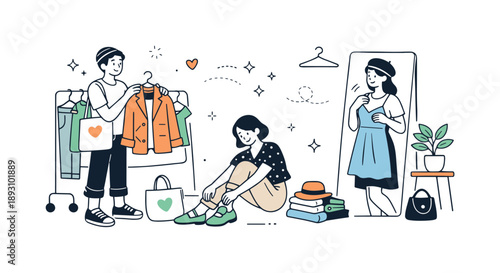 Thrifted Fashion Editorial. Thrifted fashion lifestyle. A calm editorial scene of people styling second-hand clothes, mirrors and hangers nearby, expressing