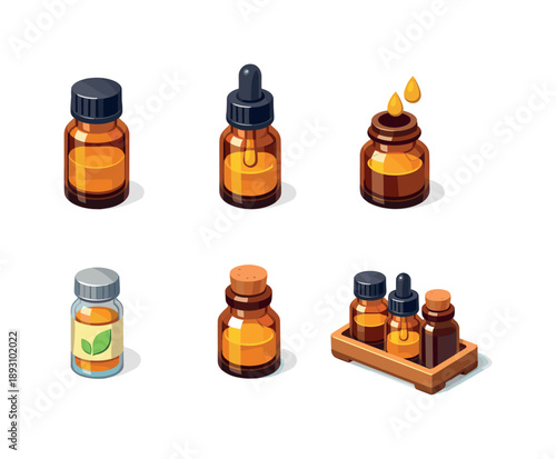 Essential Oil Icons. Essential Oil Bottles. Isometric flat vector icons set of Essential Oil Bottles: amber oil bottle, dropper cap bottle, open bottle with