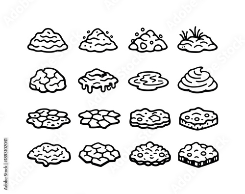 Mud Icons Set. Mud Types. Line icon set of Mud Types: clay mud, silt mud, sandy mud, peat mud, loamy mud, wet clay lump, sticky sludge mud, watery mud, thick