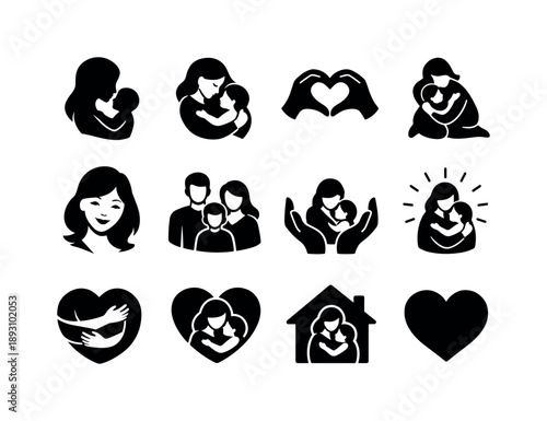Mother's Love Icons. Mother?s Love. Solid icon set of Mother?s Love: mother silhouette, child embrace, heart hands, gentle hug, caring smile, family bond,