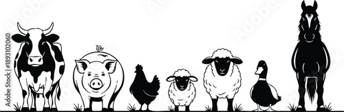 Black and white vector art showing cow pig chicken sheep duck and horse standing in a row on grass facing forward in minimalistic style front view silhouette farm animals illustration