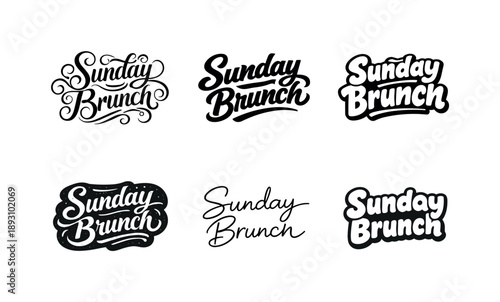 Sunday Brunch Lettering. Mixed Media Art. Line icon set of Mixed Media Art: paint brush, paper layers, fabric texture, photo frame, glue stick, scissors, ink