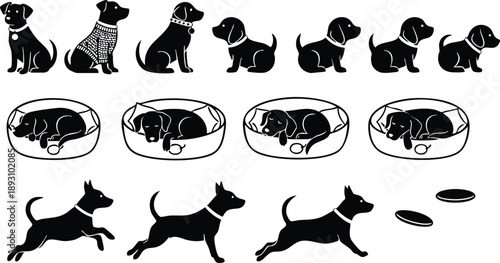 Black silhouette dogs in various poses including sitting sleeping and running with collar and sweater in simple pet icon style vector design with playful mood