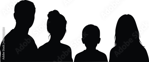 Black silhouette family group portrait including adult man woman child and teenage girl side view isolated on white background simple vector art illustration design