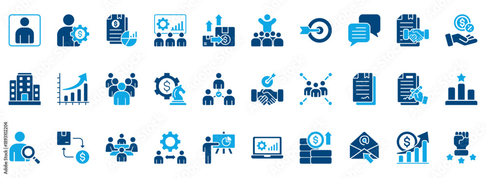 Obraz premium Sales Team Icon Set. Contains Icons That Are Relevant For Business. Designed In Vector Dual Tone Style