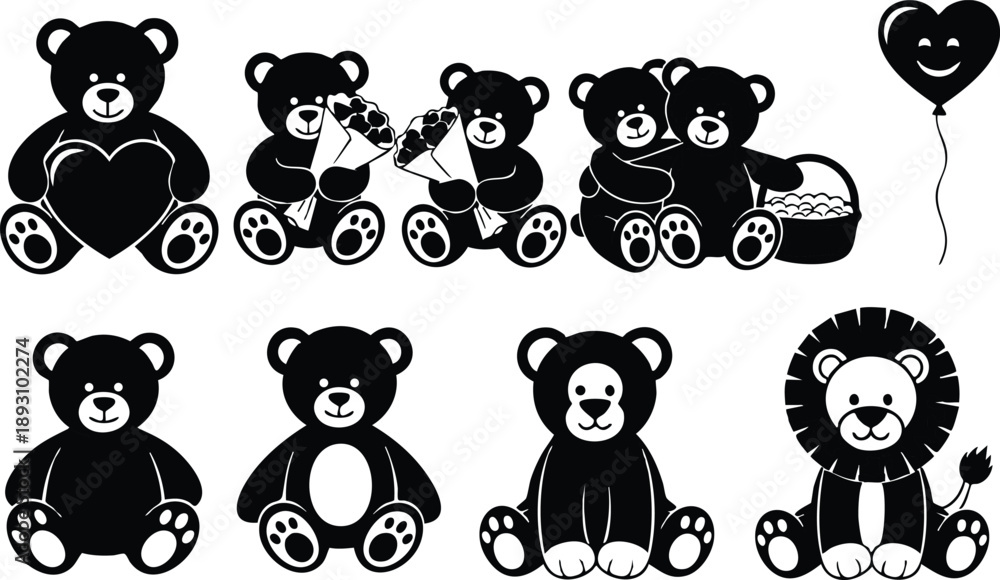 Fototapeta premium Black silhouette teddy bears holding heart and flower bouquets sitting together with smiling balloon and lion cub vector set of cute toy animals in flat design style