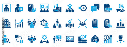 Sales Team Icon Set. Contains Icons That Are Relevant For Business. Designed In Vector Dual Tone Style