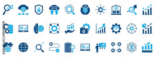 Data Analytics Icon Set. Contains Icons That Are Relevant For Business. Designed In Vector Dual Tone Style