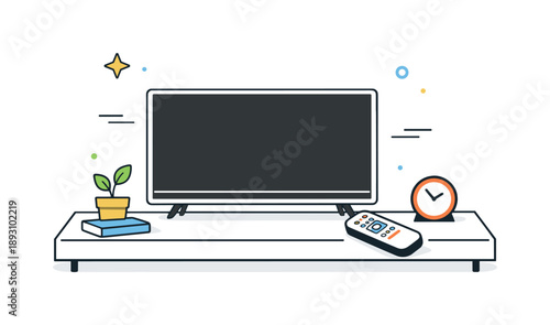 Minimal TV Setup. Minimal TV setup. A television screen with a remote nearby suggests simple control and everyday use. The scene conveys comfort, routine, and
