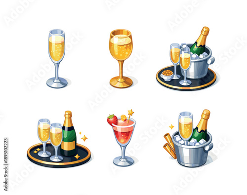 Elegant Champagne Display. Luxury Drink. Isometric flat vector icons set of Luxury Drink: premium champagne flute, golden sparkling wine glass, refined drink