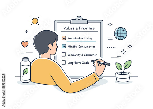 Minimalist Future Planning. Sustainable minimalism ? intentional future. Person looking at a simple plan or checklist focused on values and long-term impact.