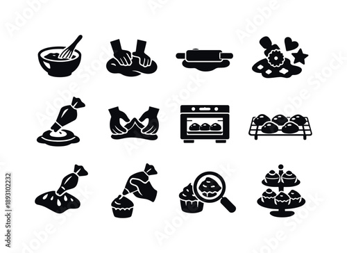 Pastry Process Icons. Pastry making process. Solid icon set of Pastry making process: dough mixing, dough kneading, dough rolling, pastry cutting, filling