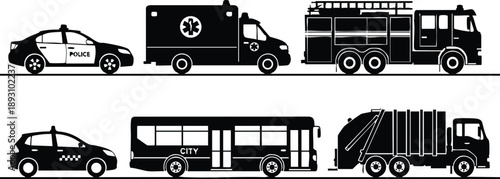 Black silhouette side view of emergency police ambulance fire truck taxi city bus garbage truck vehicles flat design set isolated on white background detailed vector art