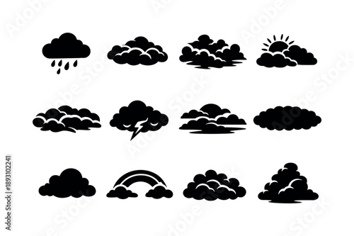 Moody Sky Icons. Moody Sky. Solid icon set of Moody Sky: dark cloud, rolling clouds, dramatic cloudscape, sun glow behind clouds, cloud waves, stormy sky mass,