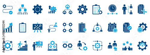Workflow Icon Set. Contains Icons That Are Relevant For Business. Designed In Vector Dual Tone Style