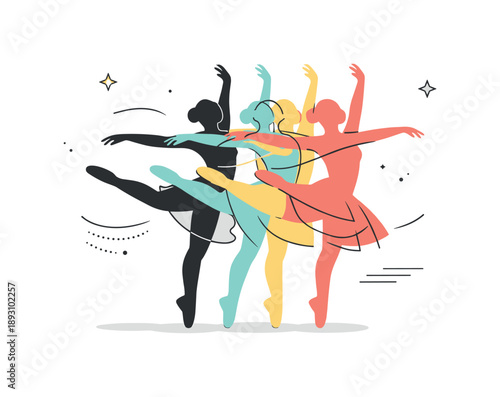 Abstract Dance Movement. Incorporating movement in photography (motion blur, dance). An abstract editorial scene with layered silhouettes slightly offset to