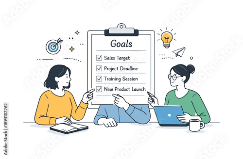Teamwork Goal Planning. Goal setting teamwork. Colleagues sitting together, discussing targets and pointing at a shared list of goals. Collaborative planning