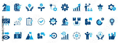 Strategy Icon Set. Contains Icons That Are Relevant For Business. Designed In Vector Dual Tone Style