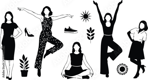Black silhouette women in various poses including standing hands on hips open arms dancing yoga meditation casual wear and formal dress with decorative plants shoes and sun elements