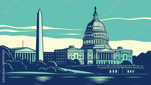 Washington dc skyline featuring the washington monument and us capitol. Perfect for travel brochures, websites, and social media posts.