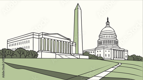 Washington dc skyline featuring iconic buildings  the majestic washington monument. Suitable for travel, tourism, american landmarks content.