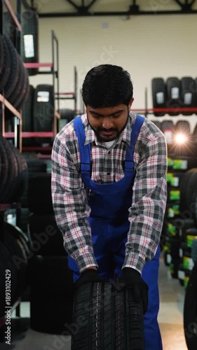 Car mechanic rolling new tire in an auto repair shop