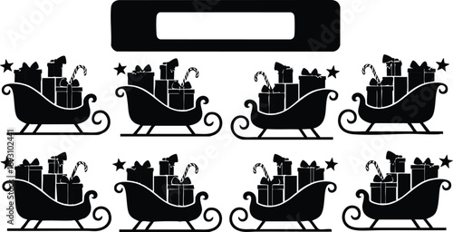 Black silhouette sleigh filled with gifts and candy canes multiple festive holiday christmas decoration vector icon set isolated on white background