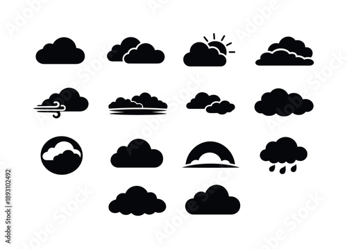Cloud Icon Set. Cloudy Sky. Solid icon set of Cloudy Sky: cloud, overcast cloud, sun behind cloud, layered clouds, wind cloud, gray sky horizon, drifting